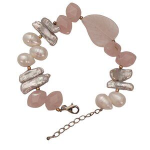 Rose Quartz Gray And White Baroque Pearl Bracelet, 8.5” Long E838